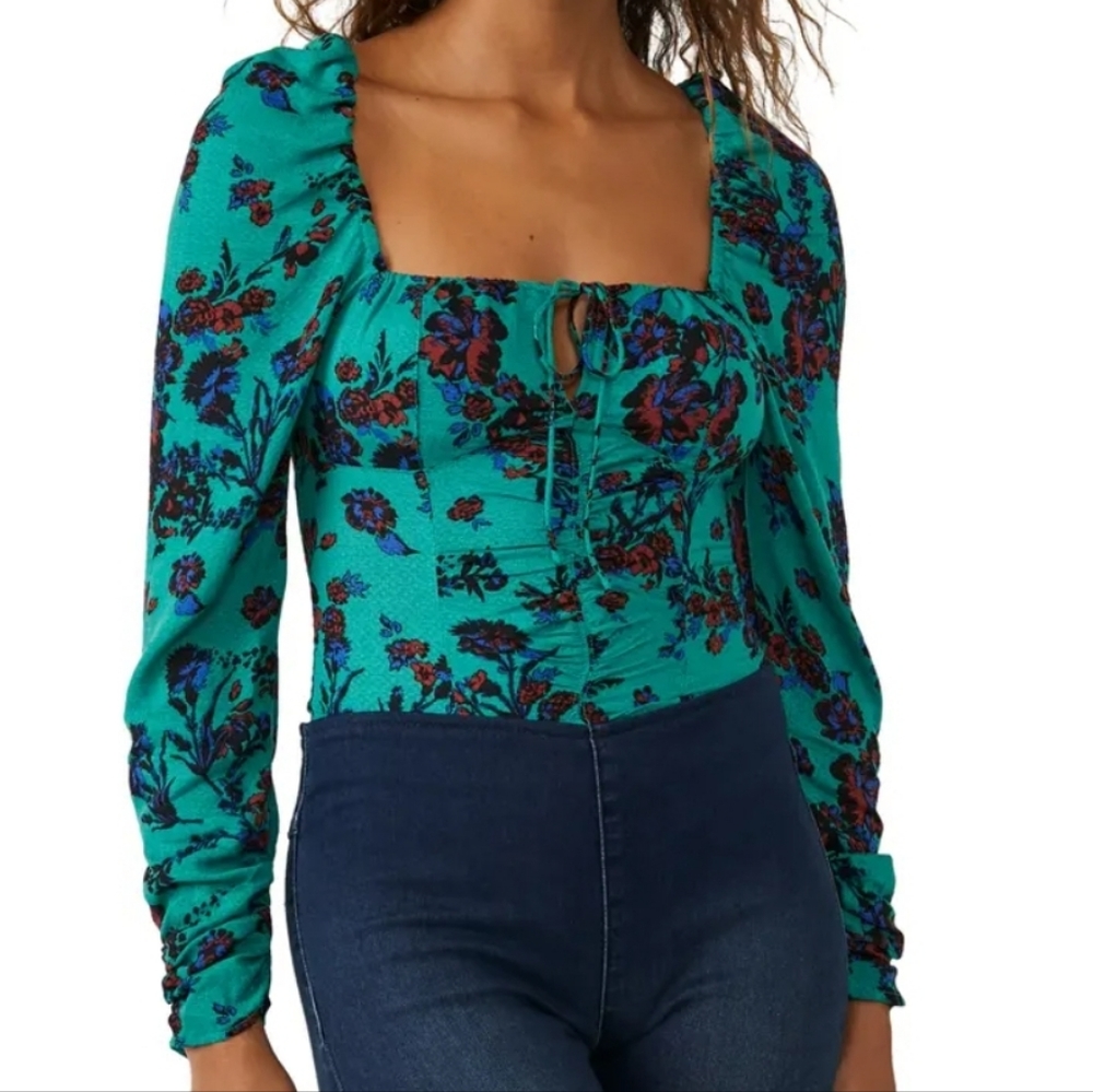Free People Green Combo Hilary Printed Top Medium